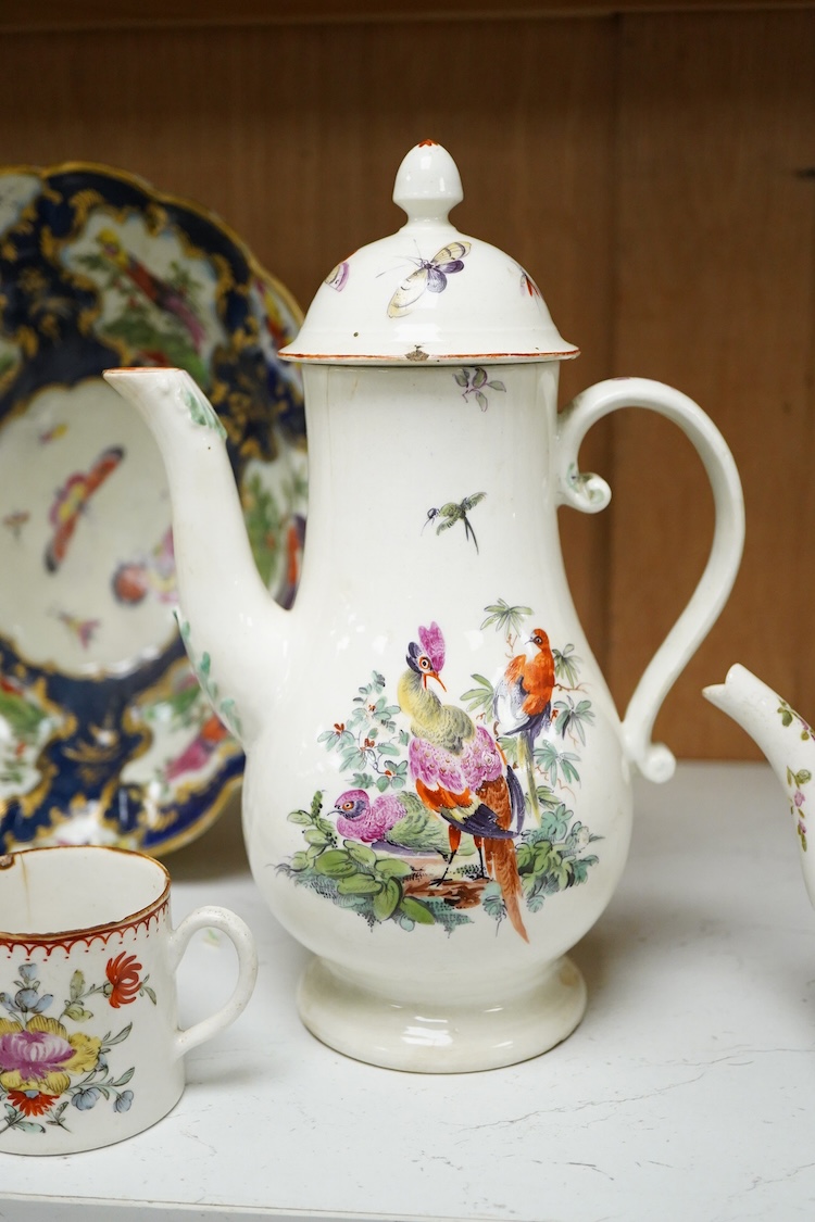 A Derby fantastic birds painted coffee pot, c.1760-65, 24cm high, a Bow porcelain teapot and similar coffee can, c.1770
